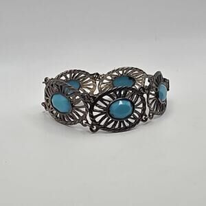 Vintage Turquoise Panel Bracelet Southwestern Style Silver Tone Boho